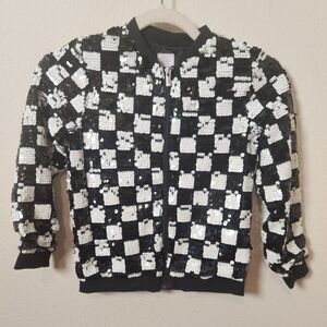 More Than Magic Black White Check‎ Sequin Zip Up Lightweight Jacket Small 6/6X